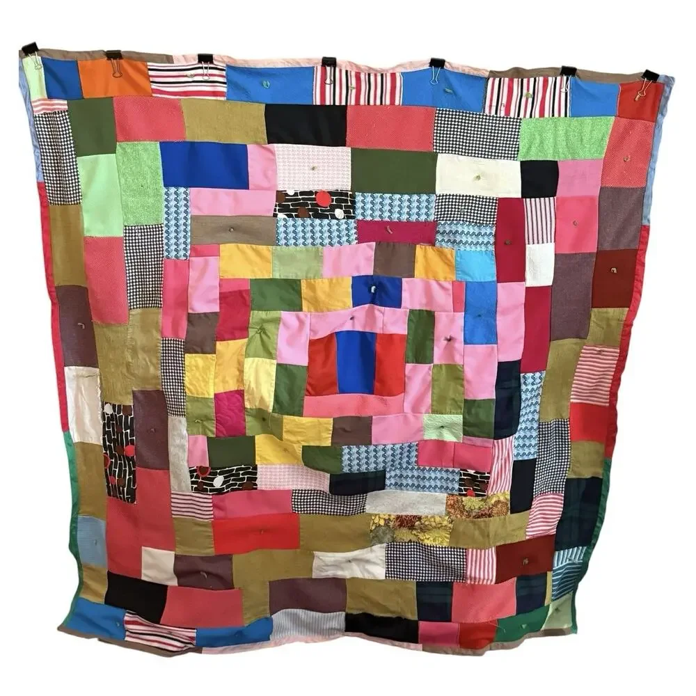 1970s Boho Patchwork Blanket Graphic Prints Quilt VTG Handmade Square 57” X 57”